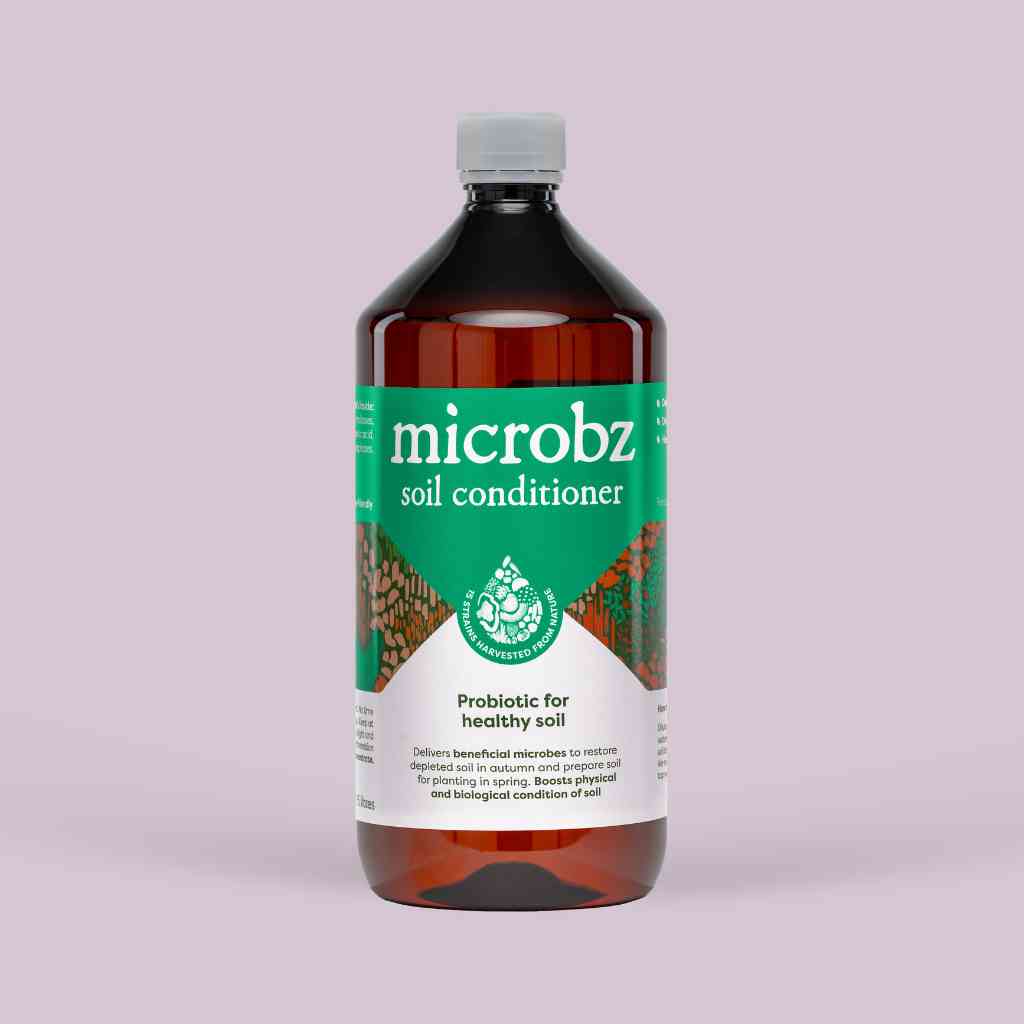 bottle of microbz soil conditioner living liquid probiotic for supporting health soils and plants