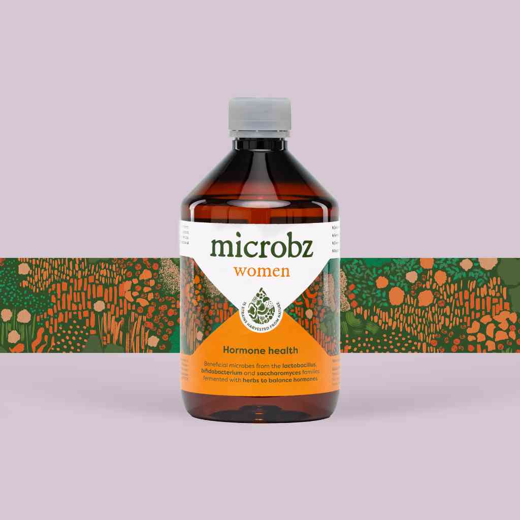 bottle of microbz living liquid probiotic to support womens hormone health, with graphic illustration
